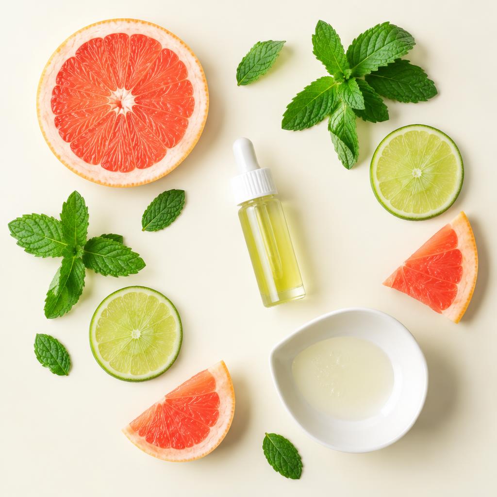 Flat lay of cleaning ingredients: citrus slices, mint leaves and a dropper of essential oil on a cream background