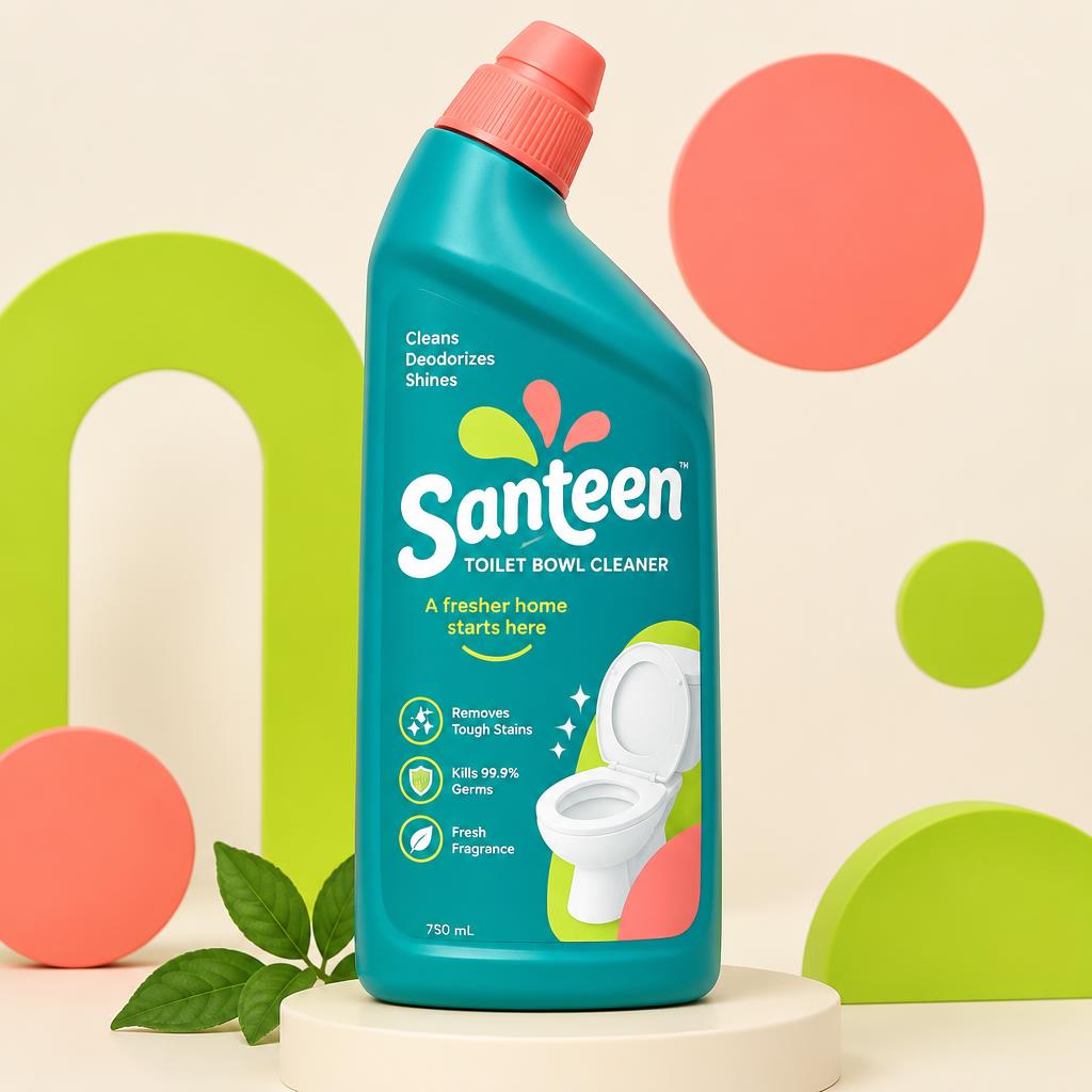 Santeen Toilet Bowl Cleaner teal bottle with coral cap on a cream background with playful geometric shapes